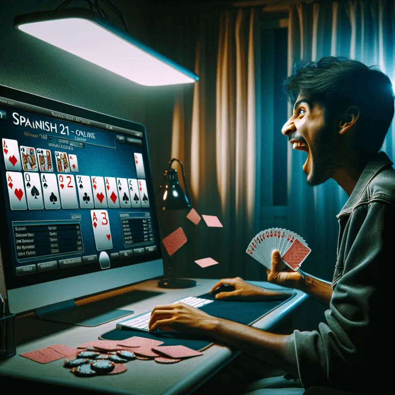 Online Spanish 21 casino game interface with cards and chips